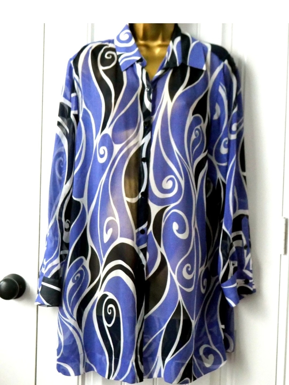 Chico's 100% Silk Blue and Black Swirl Button-Down Blouse